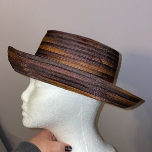 Vintage Made in Korea Fabric Strip Brown Bronze Bucket Sun Hat OS
